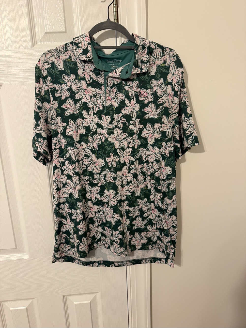 Good Good Gold Men's Dark Green Floral Polo Shirt with Pink Accents-azalea Cole